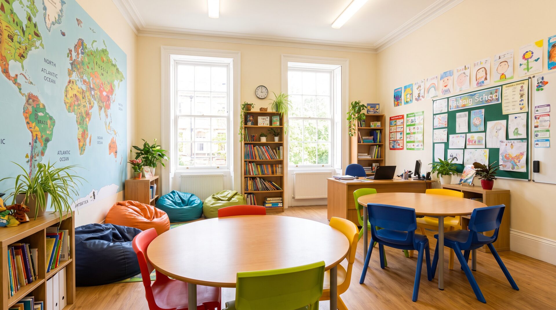 LINGUA – helles Sprachschul-Klassenzimmer mit Weltkarte