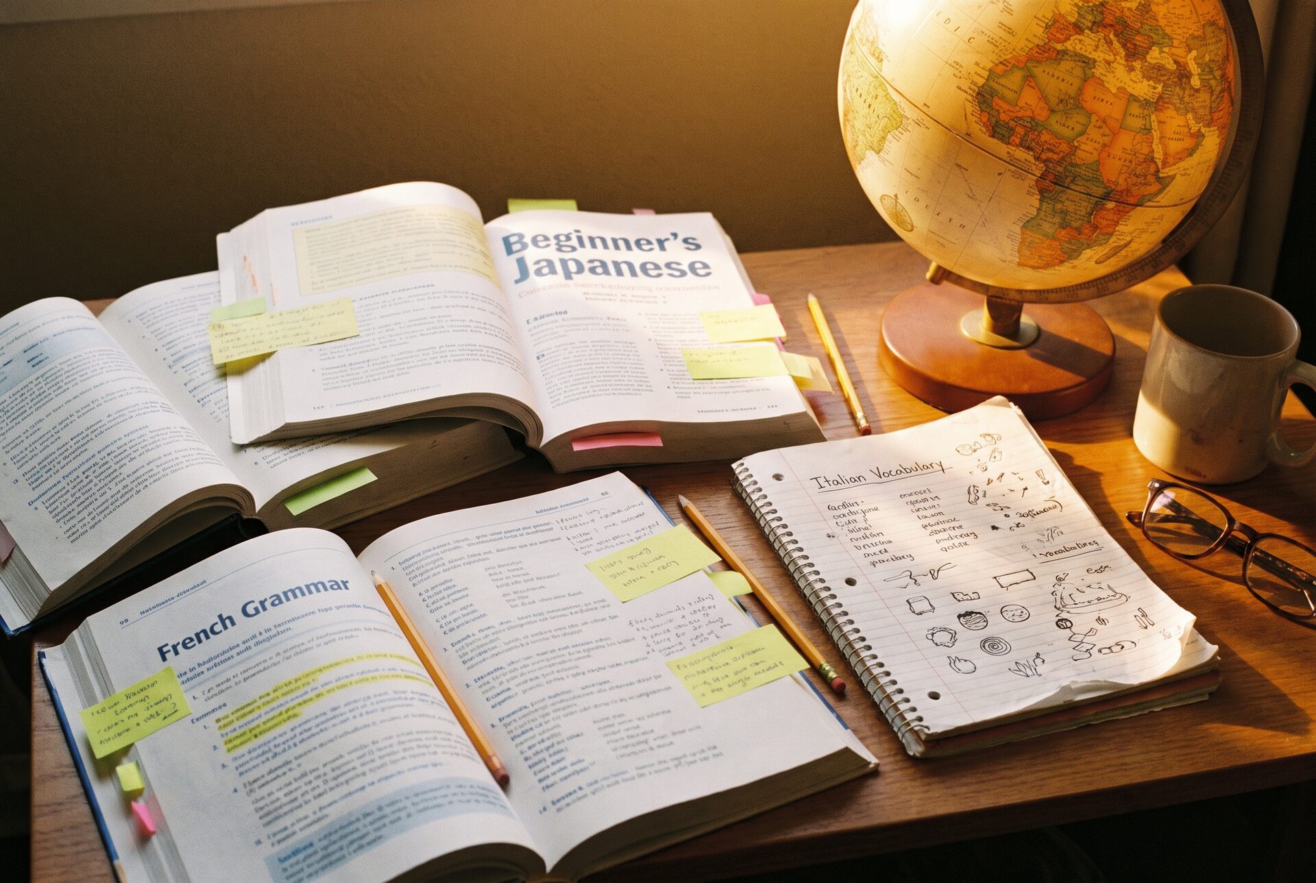 Aufgeschlagene Bücher und ein Globus auf einem Tisch