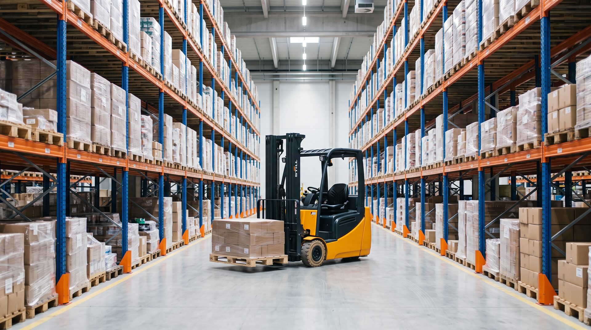 HUBKRAFT – Gabelstapler in einem sauberen Lagergang mit Palettenregal