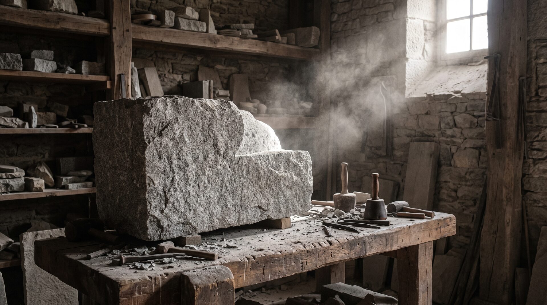 STEINWERK – Rohblock aus Granit in der Steinmetzwerkstatt