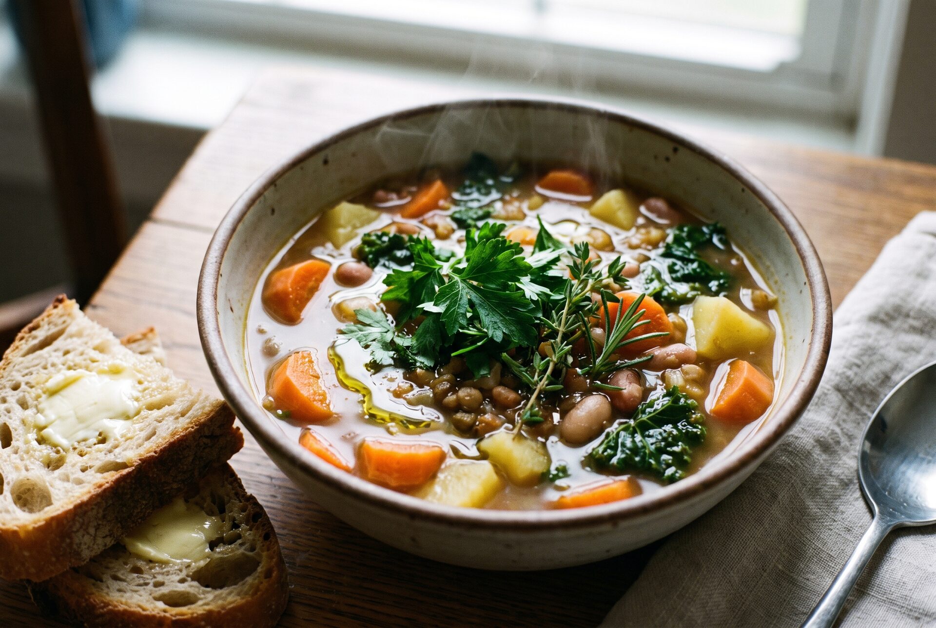 Nahaufnahme einer kräftigen Gemüsesuppe mit frischen Kräutern und Brot