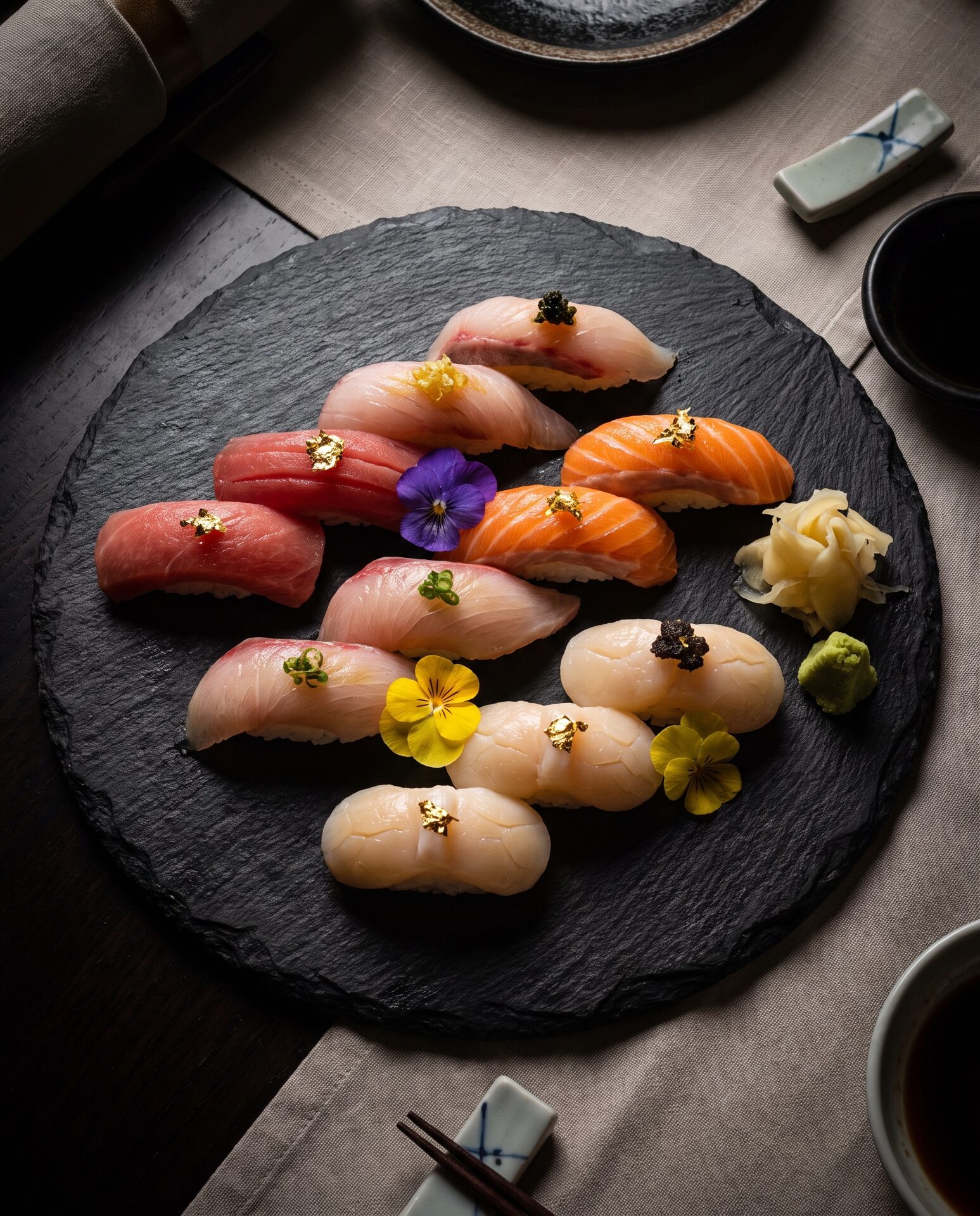 Nigiri-Sushi elegant auf dunklem Schieferteller angerichtet
