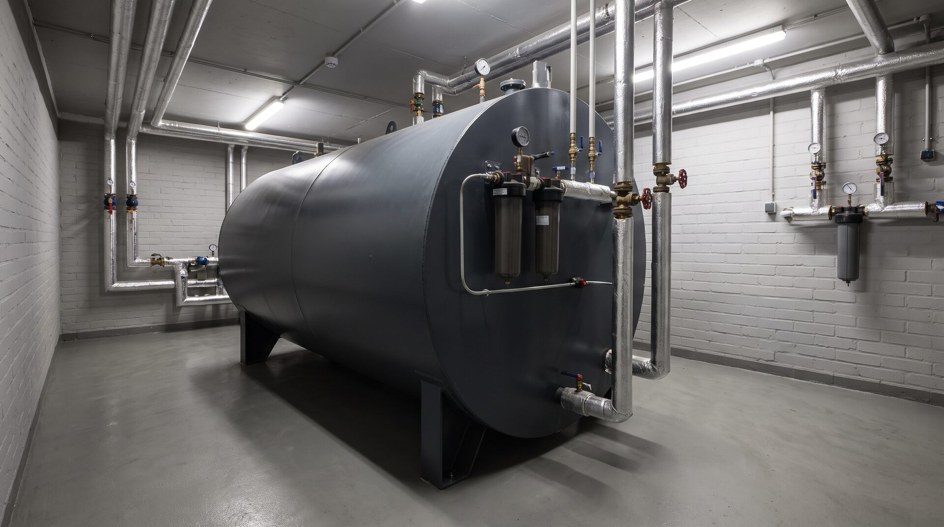 DICHTHEIT – industrieller Heizöltank in einem sauberen Kellerraum
