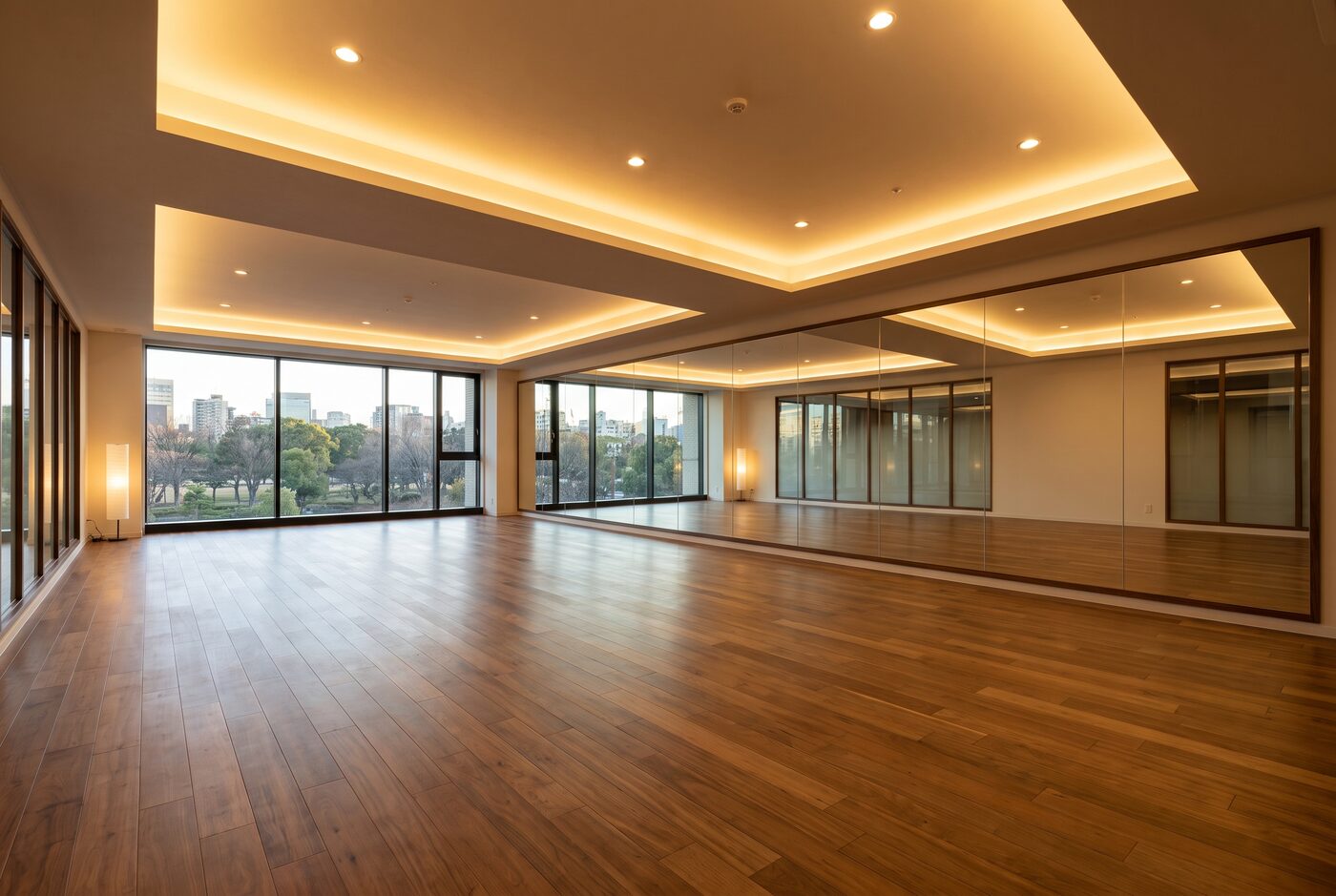 Modernes Tanzstudio mit Holzboden und Spiegelwand in warmem Licht