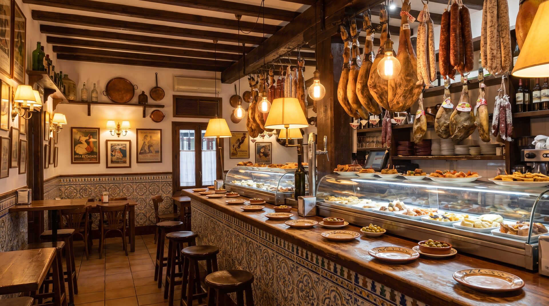 OLIVA – lebhafte spanische Tapasbar mit gekacheltem Tresen und hängenden Schinken