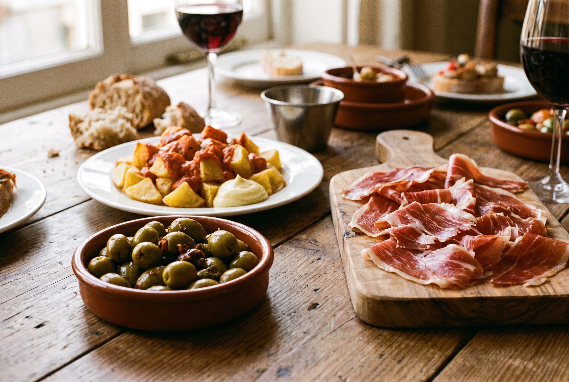 Verschiedene Tapas-Teller mit Oliven, Kartoffeln und Jamón auf Holztisch