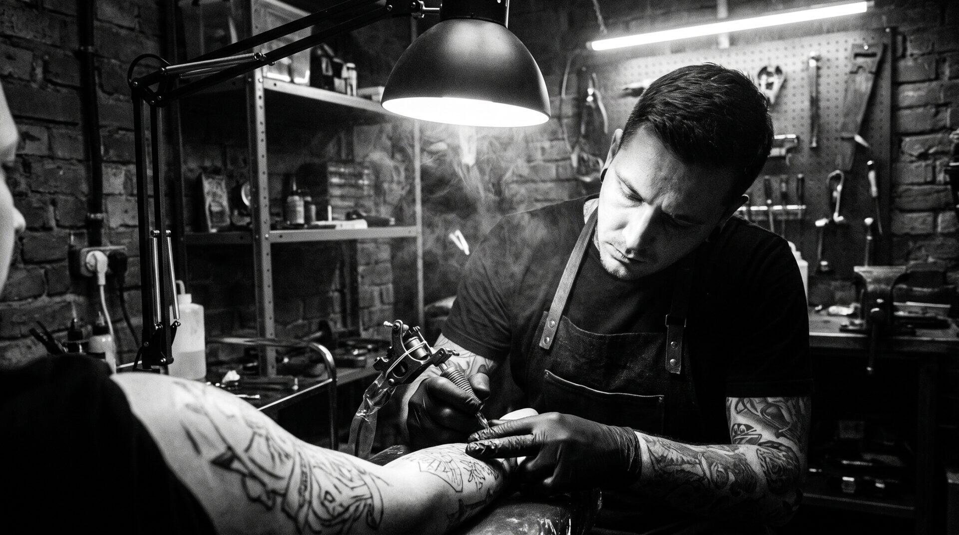 SCHWARZ NADEL – Tattoo-Künstler bei der Arbeit, dramatisch in Schwarzweiss