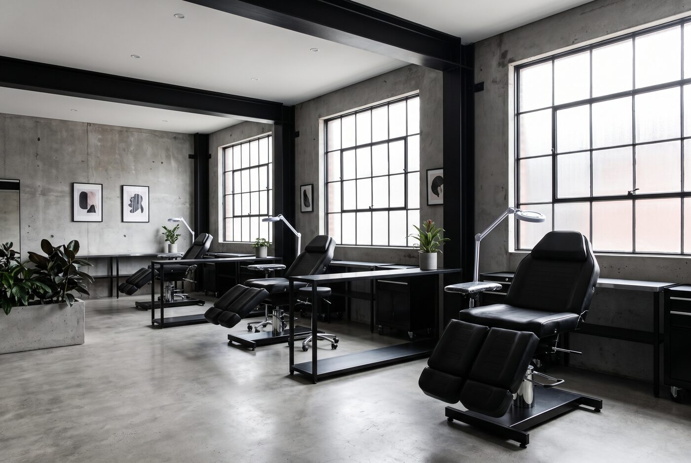 Innenraum eines modernen minimalistischen Tattoo-Studios mit Beton und schwarzen Ledersesseln