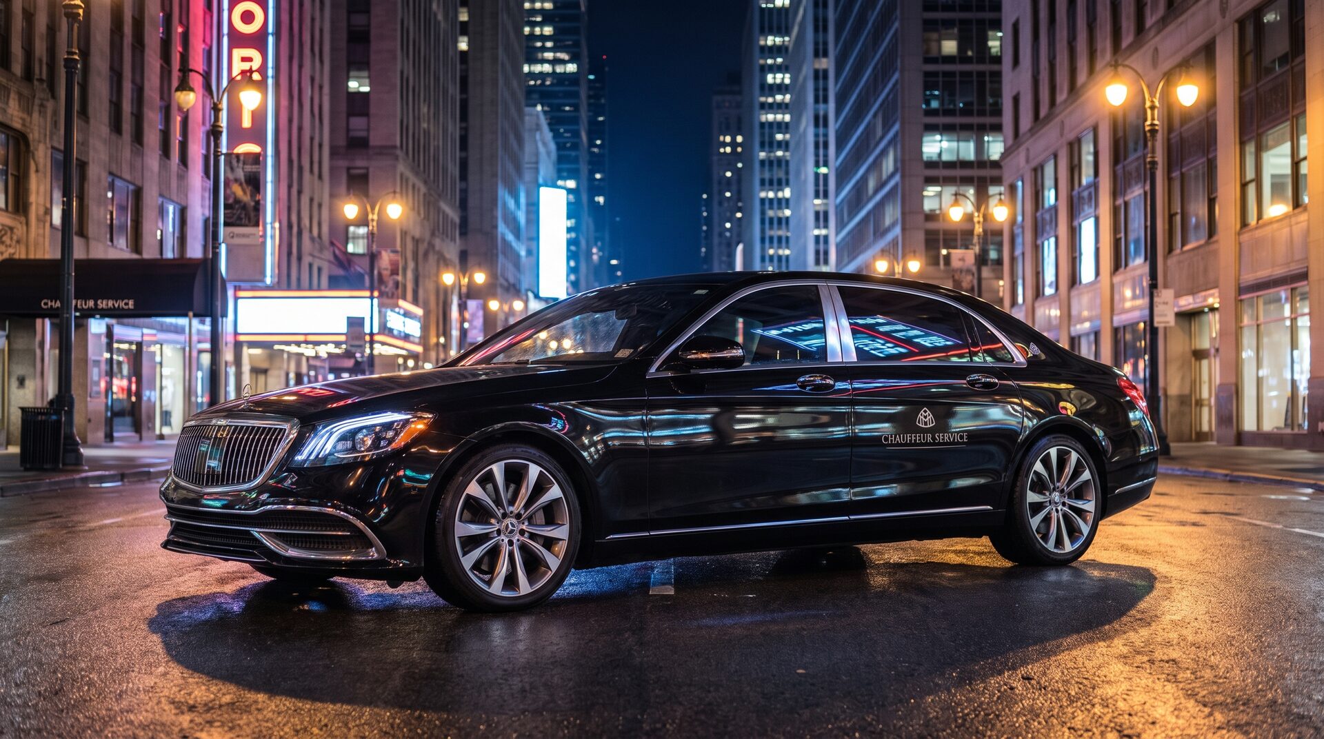 CITYDRIVE – edle schwarze Limousine bei Nacht in der Stadt