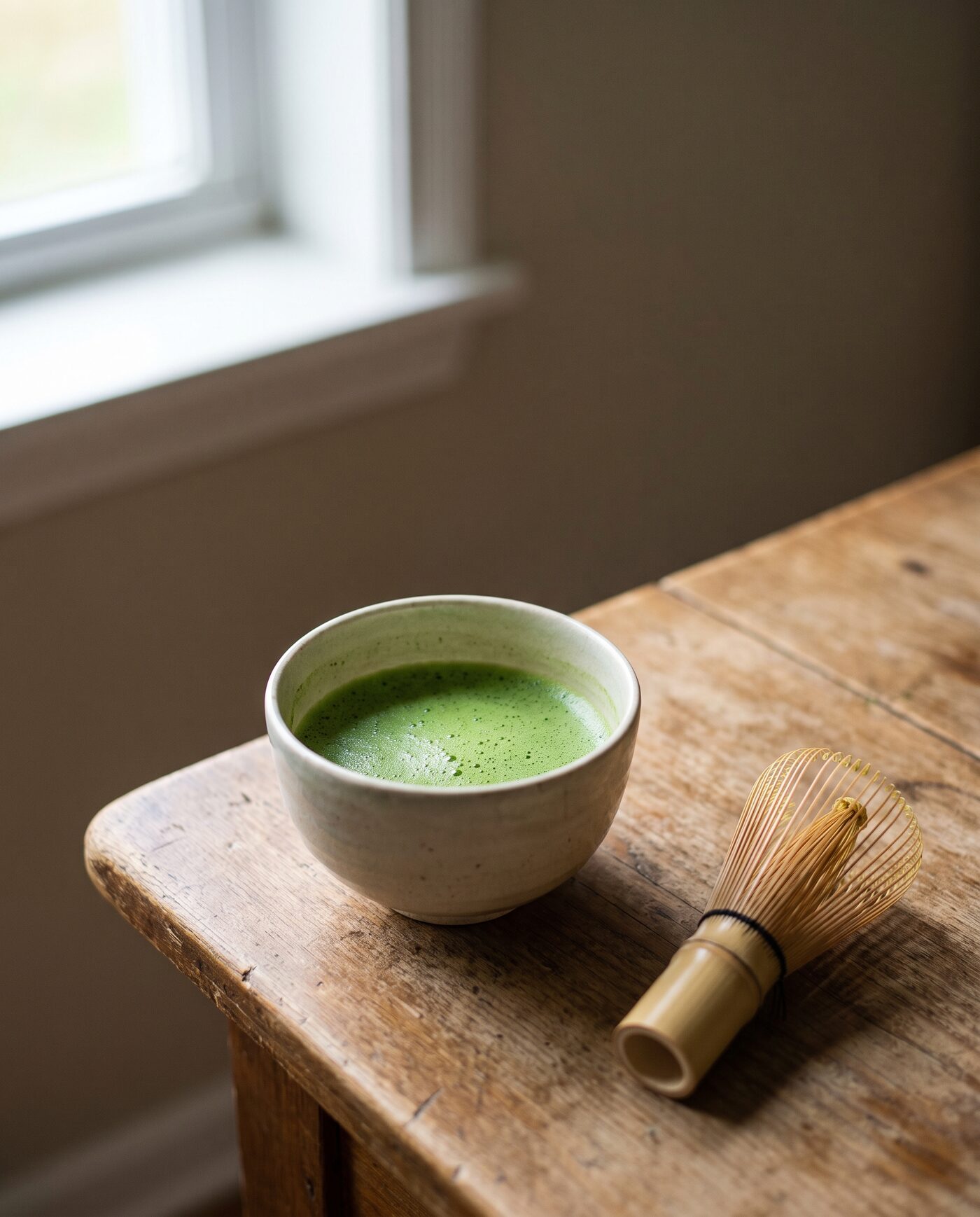 Matcha-Schale mit Bambusbesen und leuchtend grünem Tee im weichen Licht