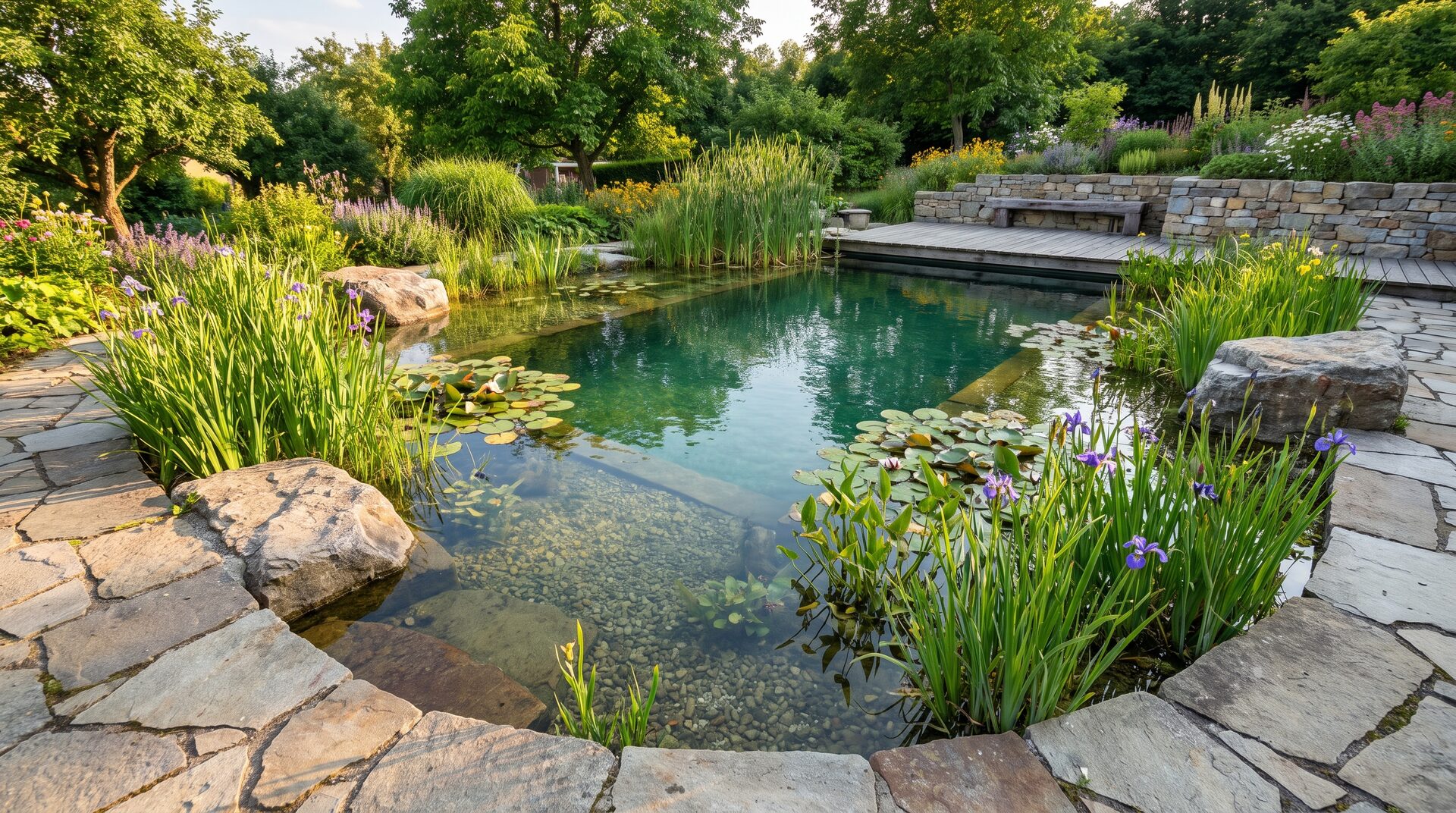 STILLWASSER – Naturbadeteich mit klarem Wasser und Schilfbepflanzung