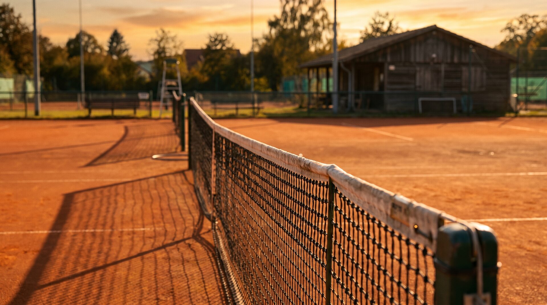 ASS – Sandtennisplatz im warmen Abendlicht mit langen Schatten