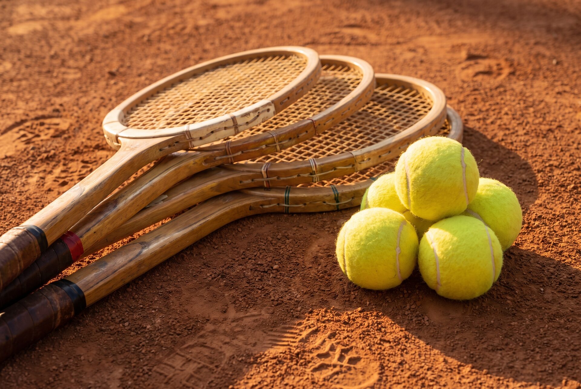 Tennisschläger und frische Bälle auf der Sandplatzoberfläche im warmen Licht