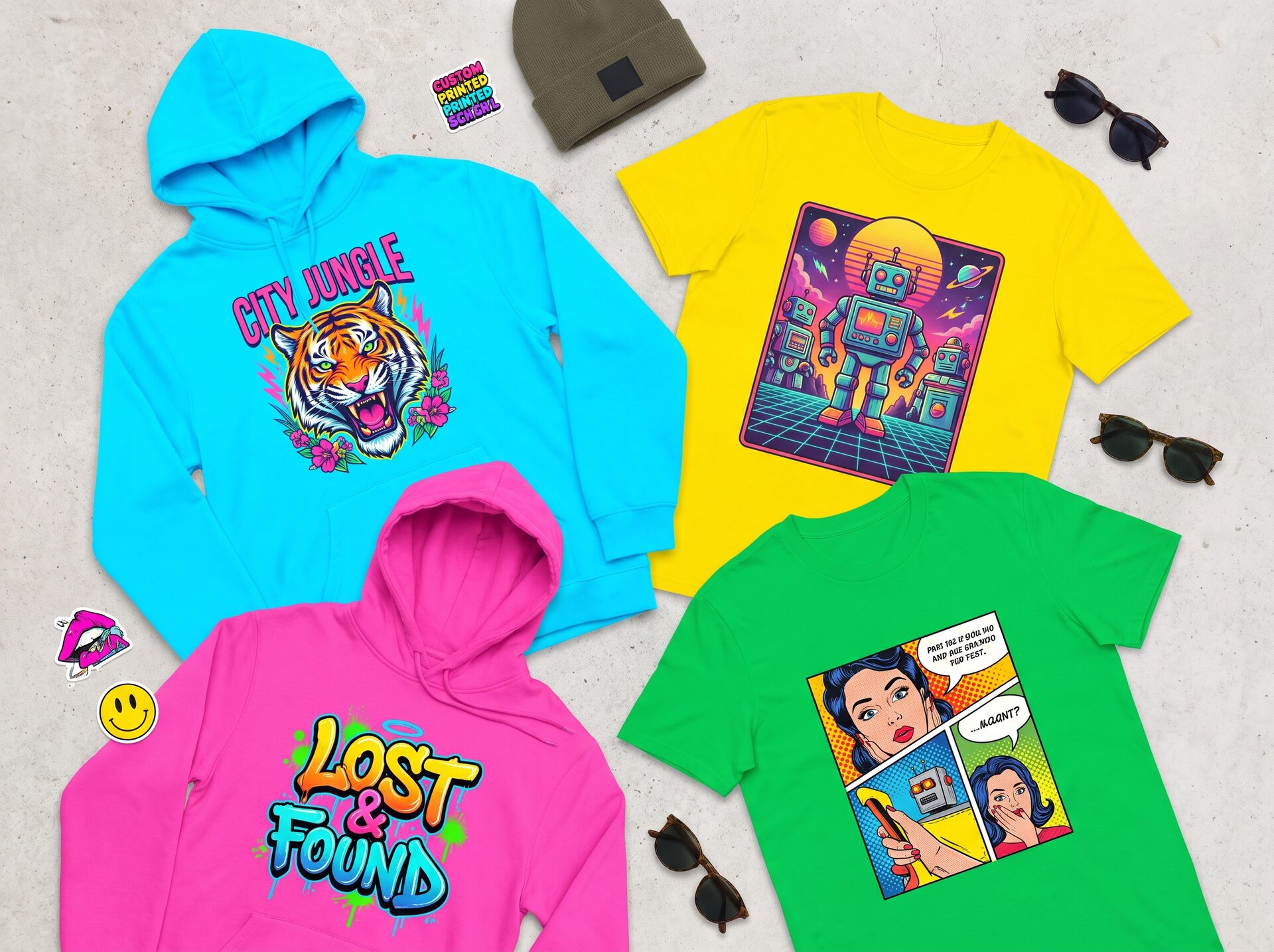 Flat-Lay mit mehreren farbig bedruckten T-Shirts von PRINTWERK