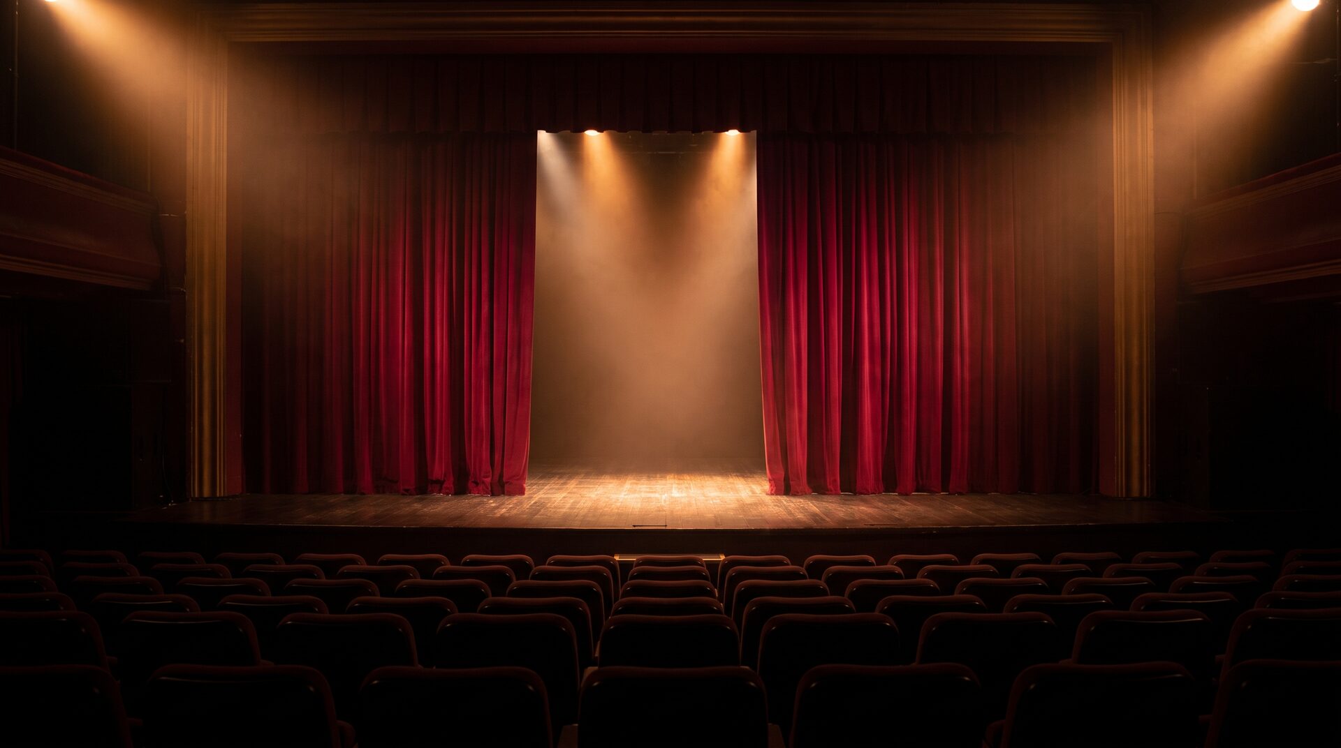 BÜHNE 12 – leere intime Theaterbühne mit rotem Vorhang und Spotlicht