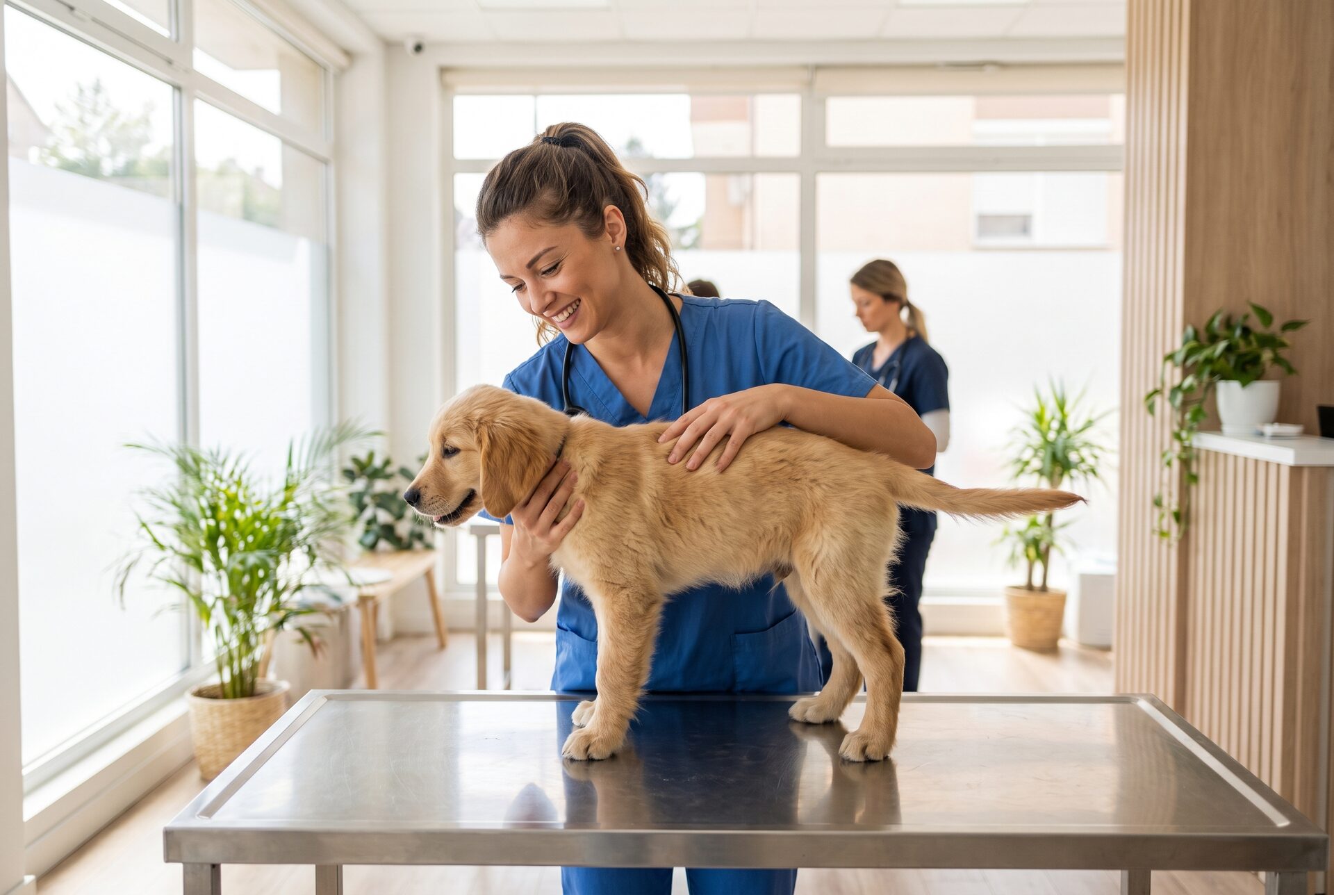 Tierärztin untersucht behutsam einen fröhlichen Hund auf dem Behandlungstisch