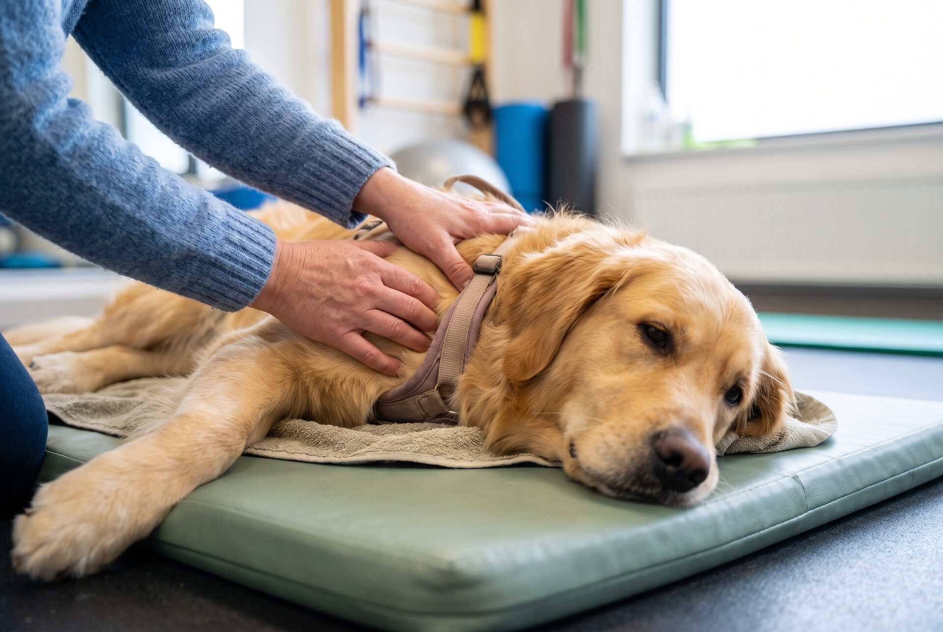 Sanfte Hände bei der Physiotherapie an der Schulter eines Hundes