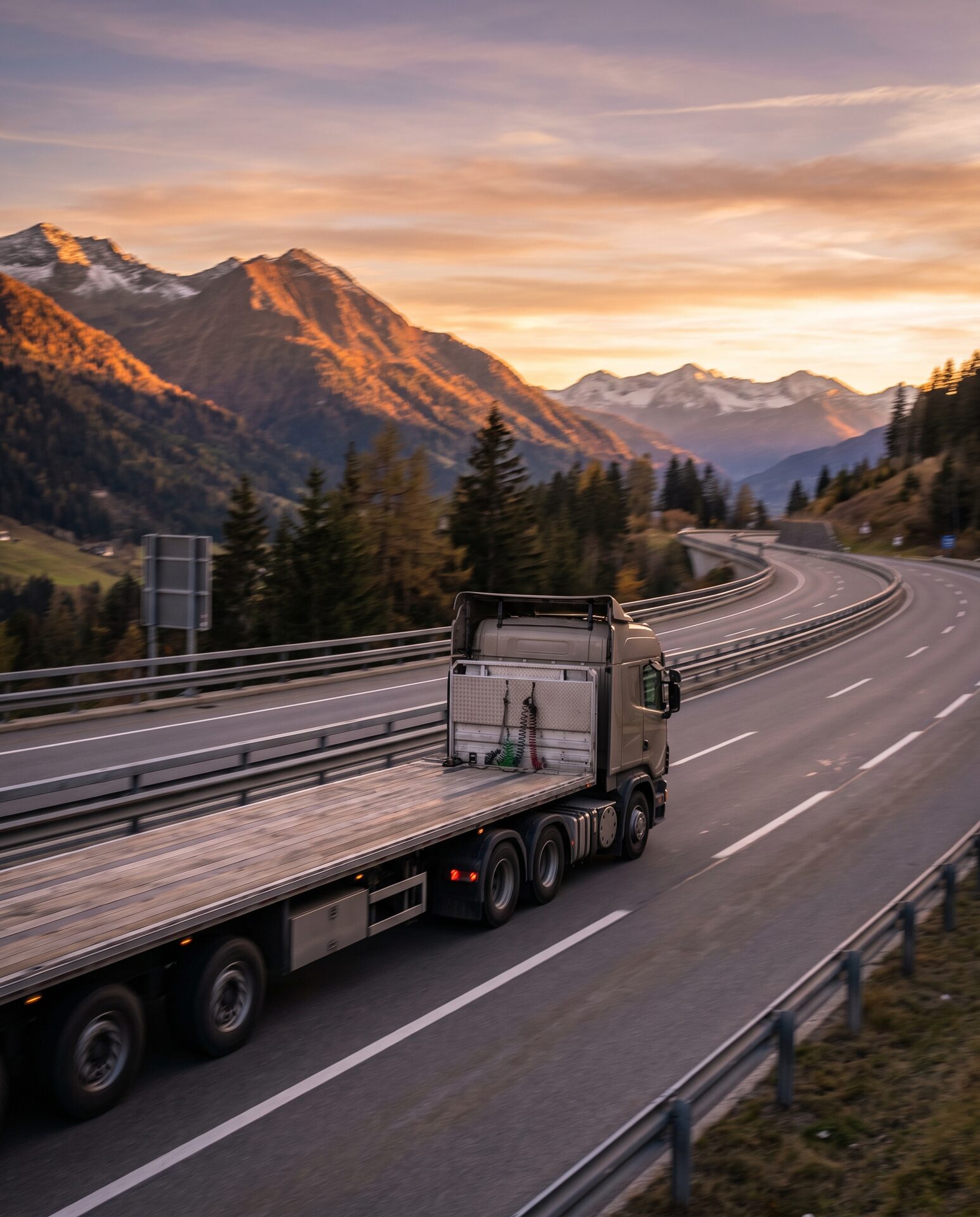 Lastwagen auf einer Alpenautobahn im goldenen Abendlicht