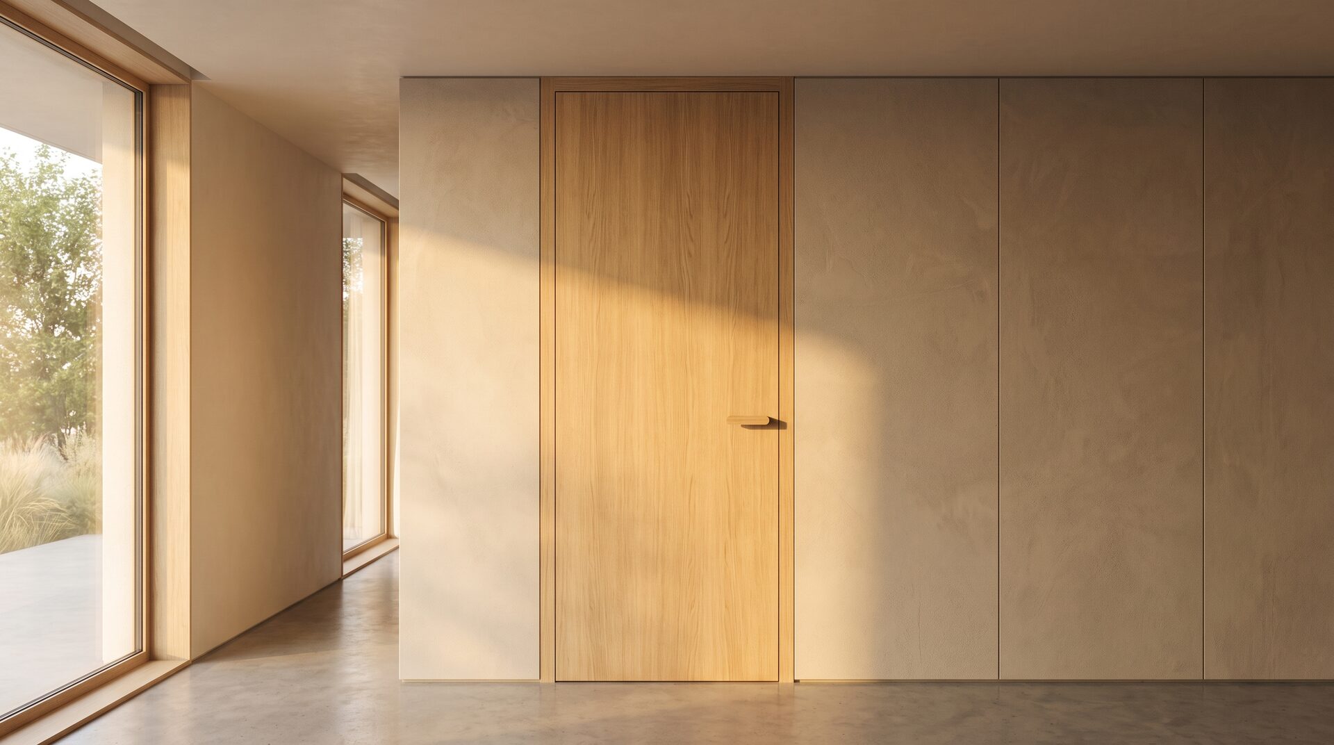 SCHWELLE – schöne moderne Innentür aus Eichenfurnier flächenbündig mit der Wand
