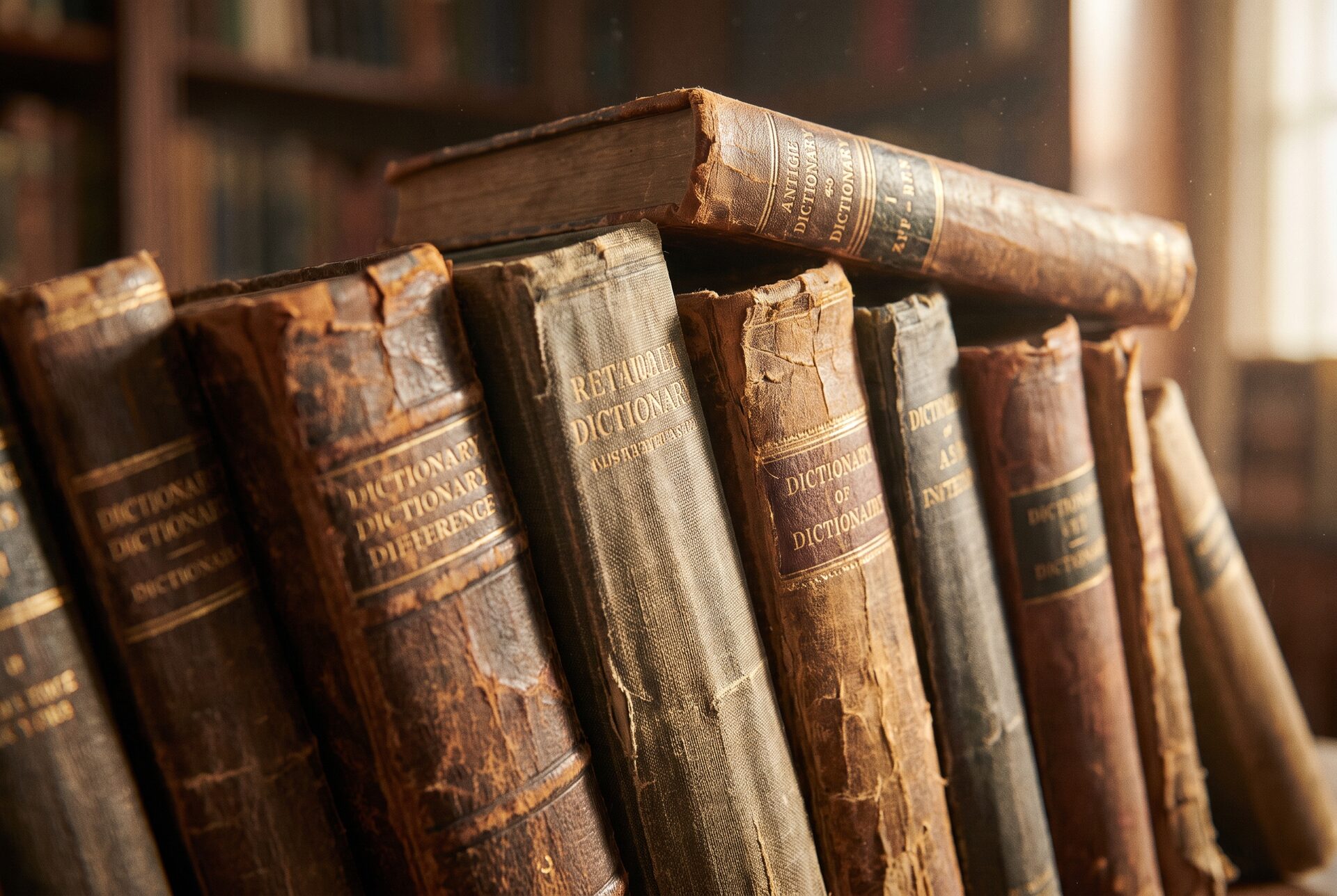 Gestapelte alte Wörterbücher und Nachschlagewerke in warmem Licht