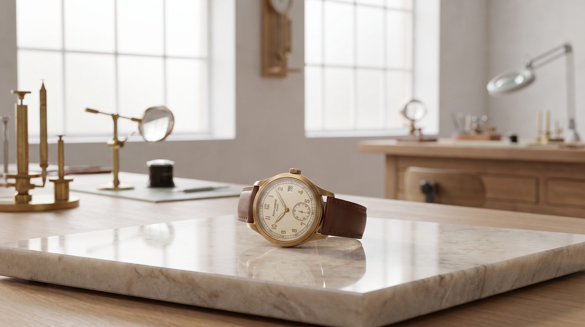 CHRONA – helles Uhrmacher-Atelier mit feiner Uhr auf Marmor