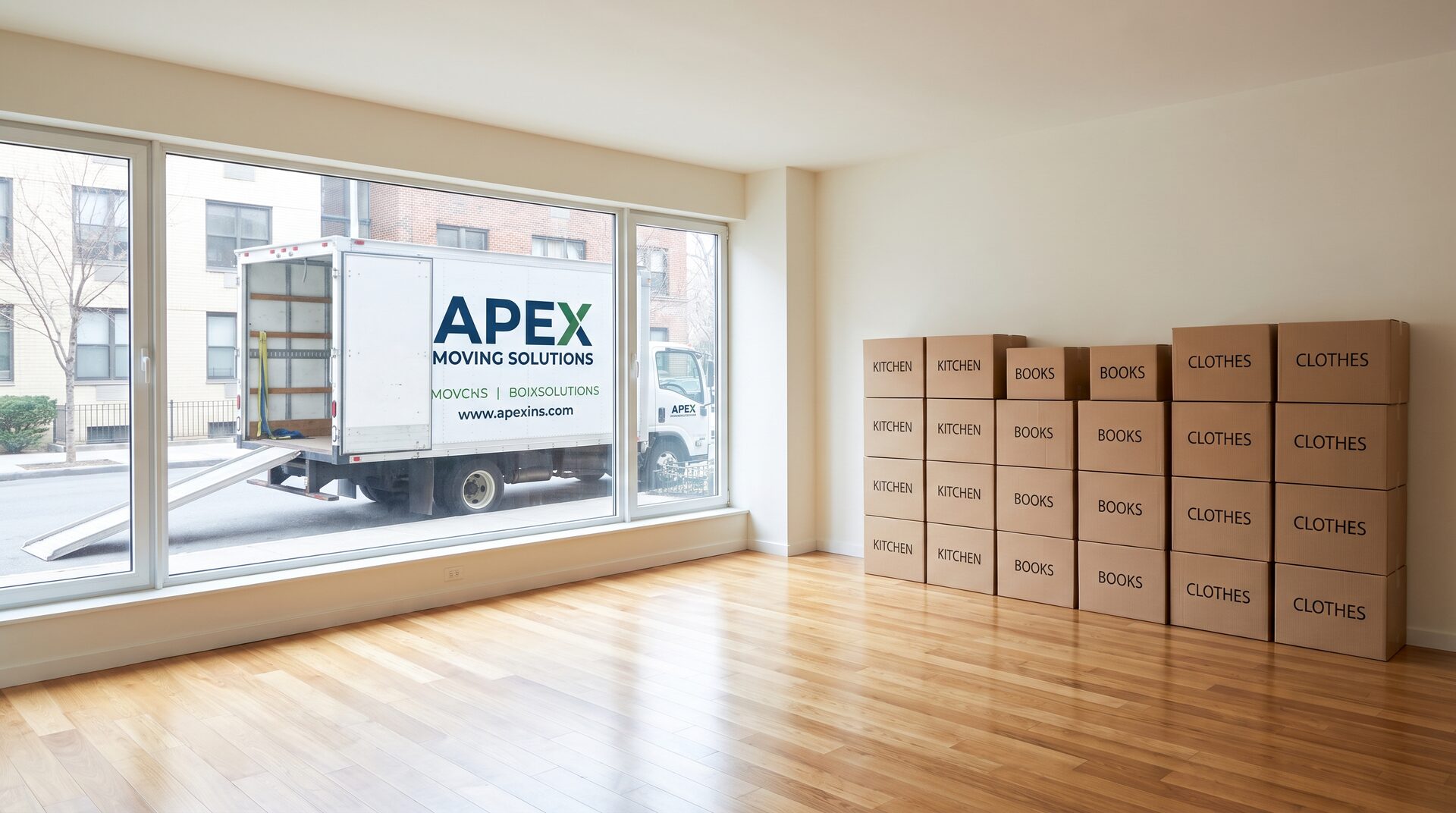 PACKMANN – Umzugswagen und gestapelte Kartons in heller Wohnung