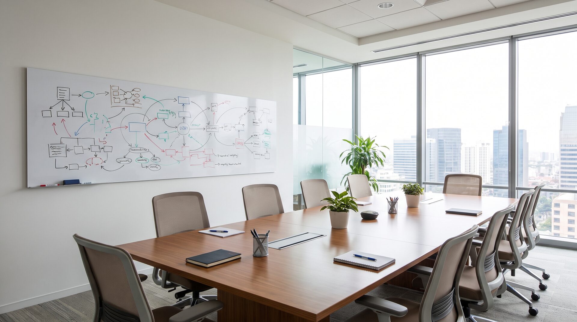 KURSWECHSEL – Besprechungsraum mit Whiteboard und Strategieskizzen