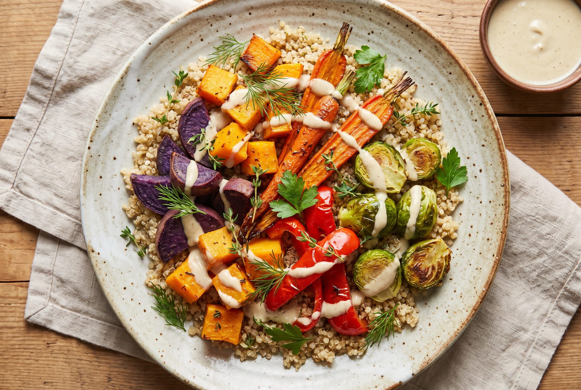Farbenfrohes veganes Gericht mit geröstetem Gemüse und Kräutern auf Keramikteller