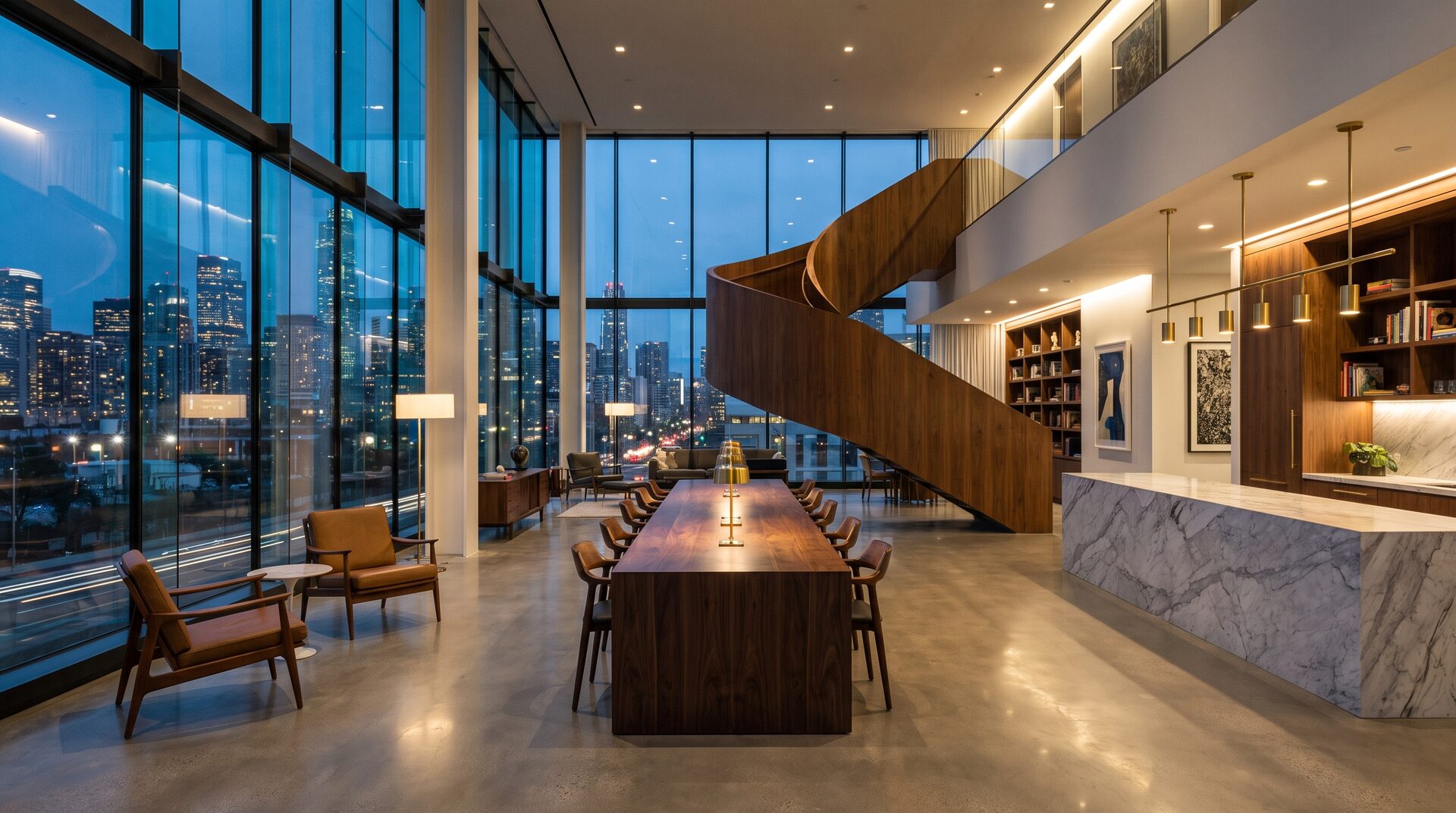 CATALYST – VC-Büro mit Skyline bei Dämmerung