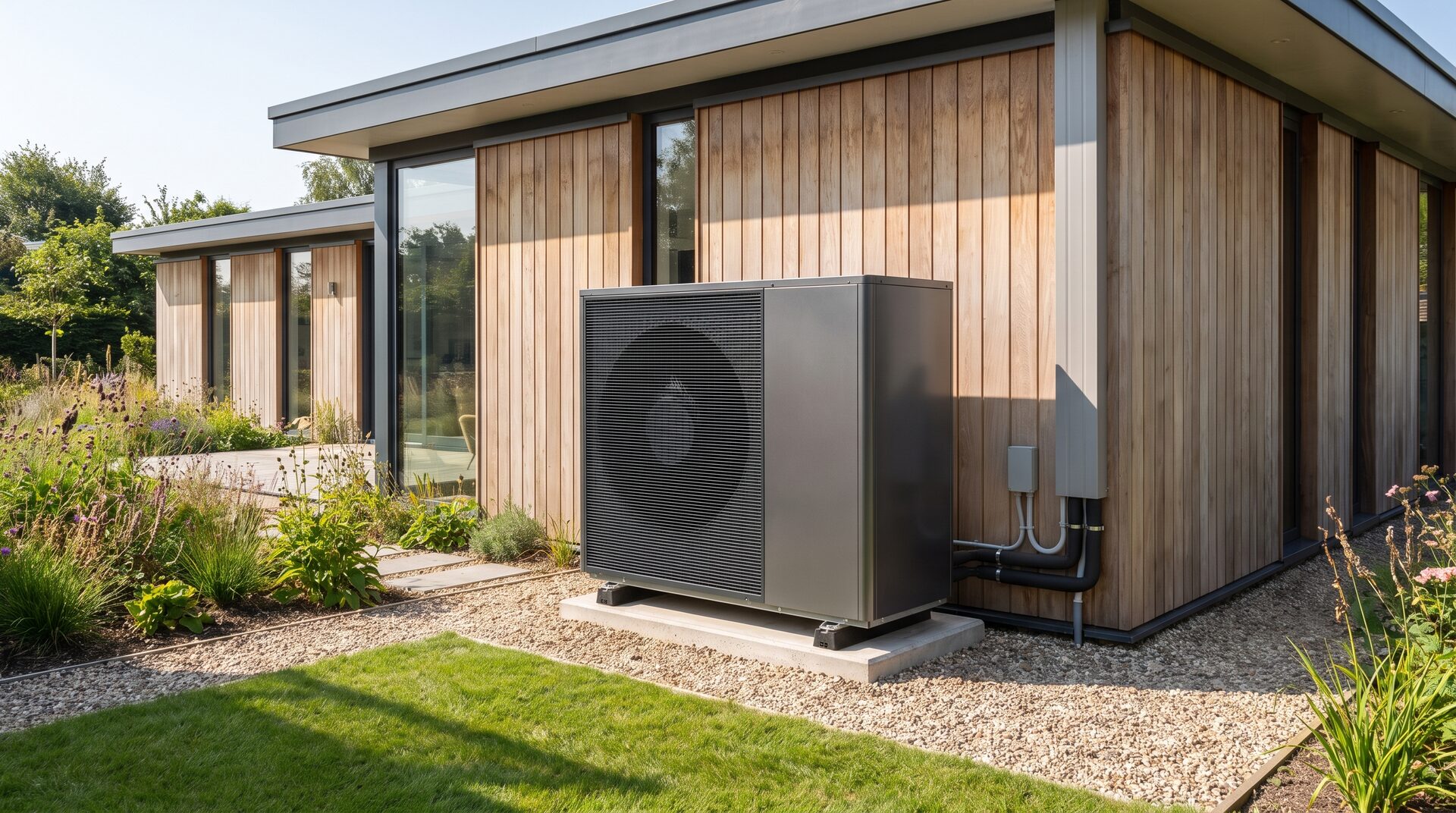 ERDWARM – moderne Luft-Wasser-Wärmepumpe neben einem Wohnhaus