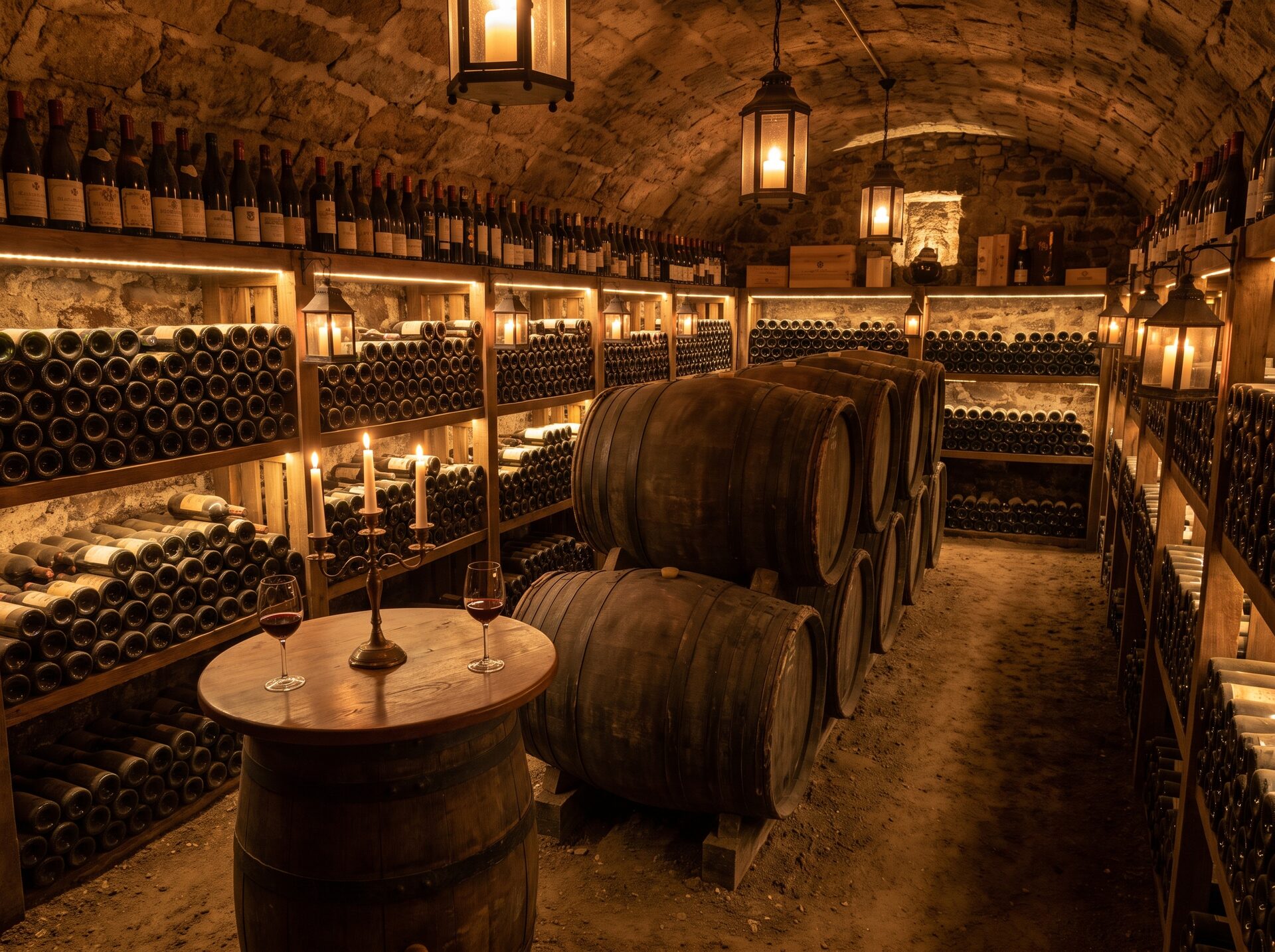 Gewölbekeller mit Eichenfässern, in dem Wein reift