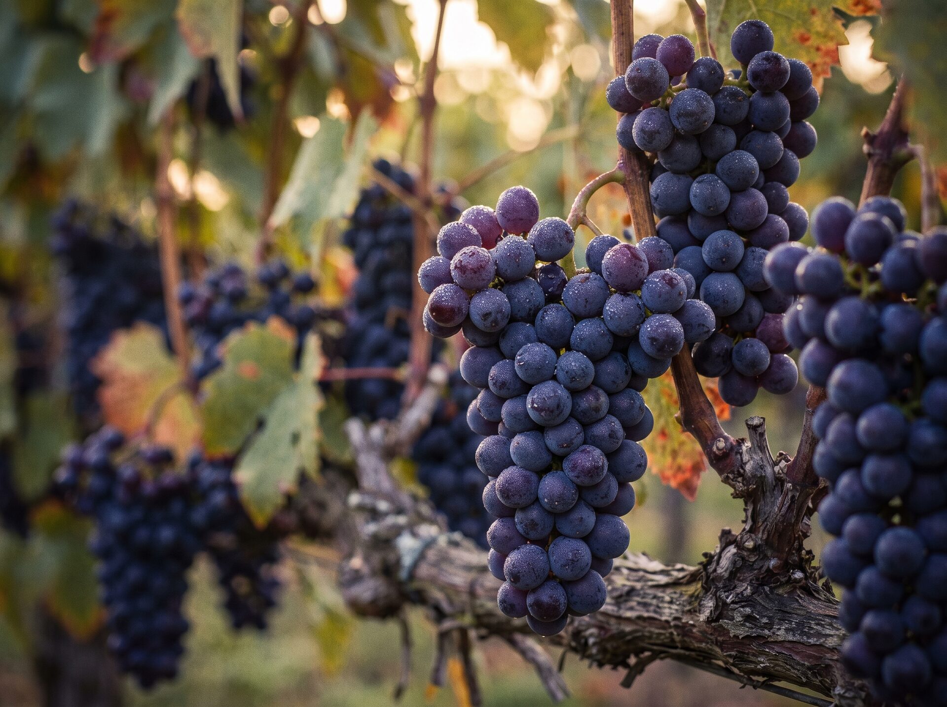 Sonnenbeschienene, reife Pinot-Noir-Trauben im Weinberg der Bündner Herrschaft, Nahaufnahme kurz vor der Lese