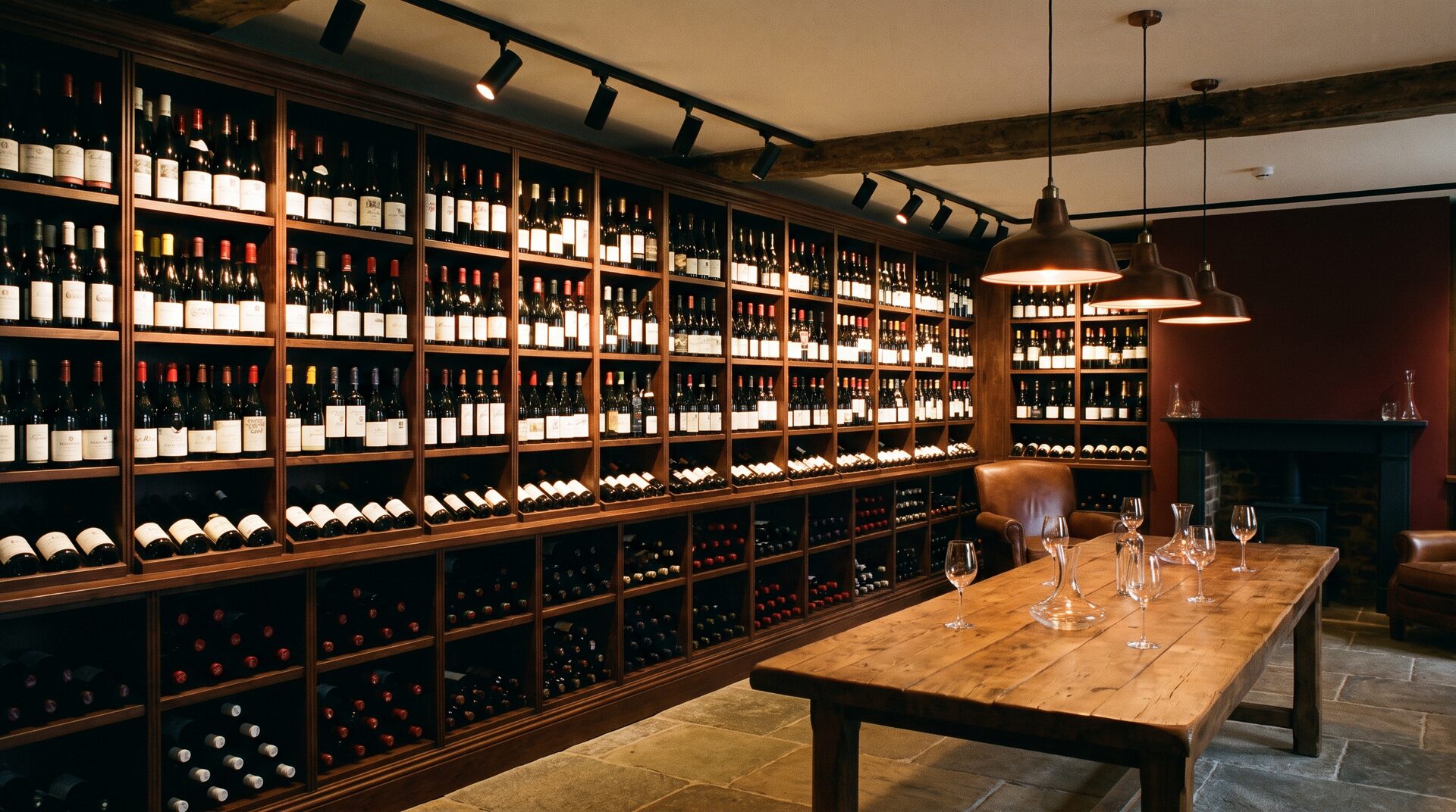 KELLERGASSE – eleganter Weinladen mit Holzregalen und Degustationstisch
