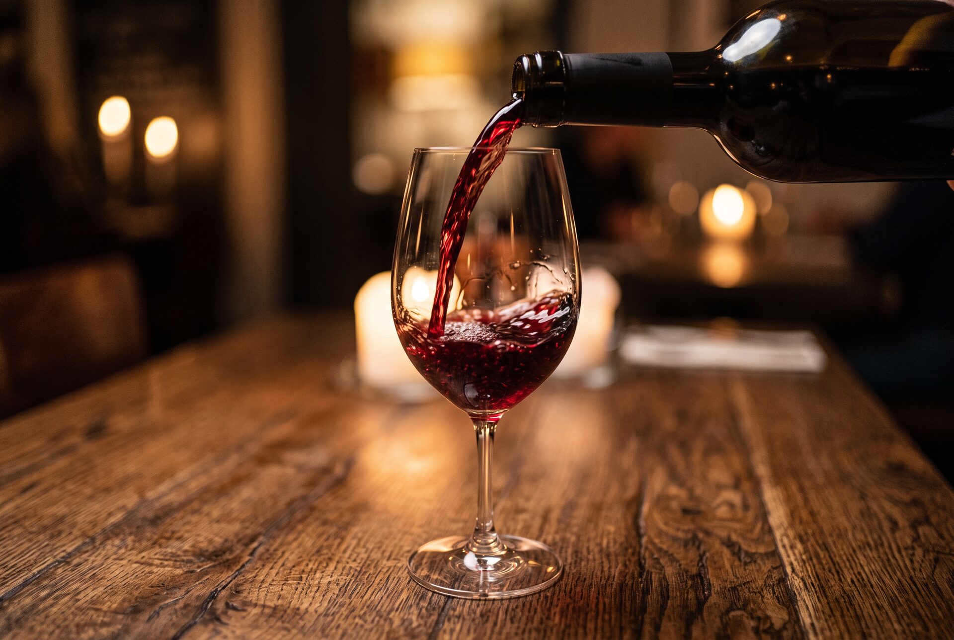 Rotwein wird an einem dunklen Eichentisch ins Glas geschenkt