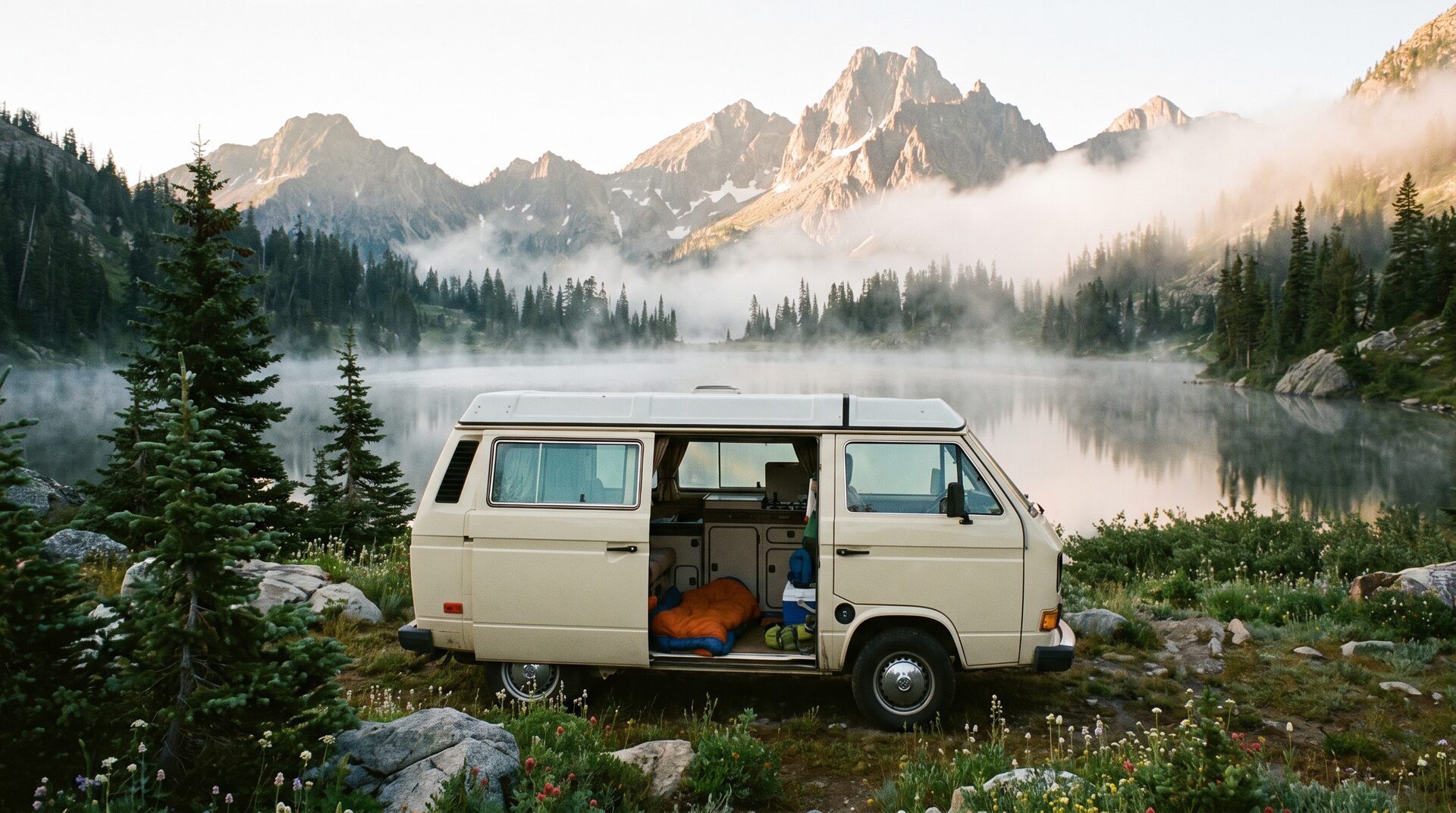 KILOMETER – Camper-Van am Alpensee im Sonnenaufgang