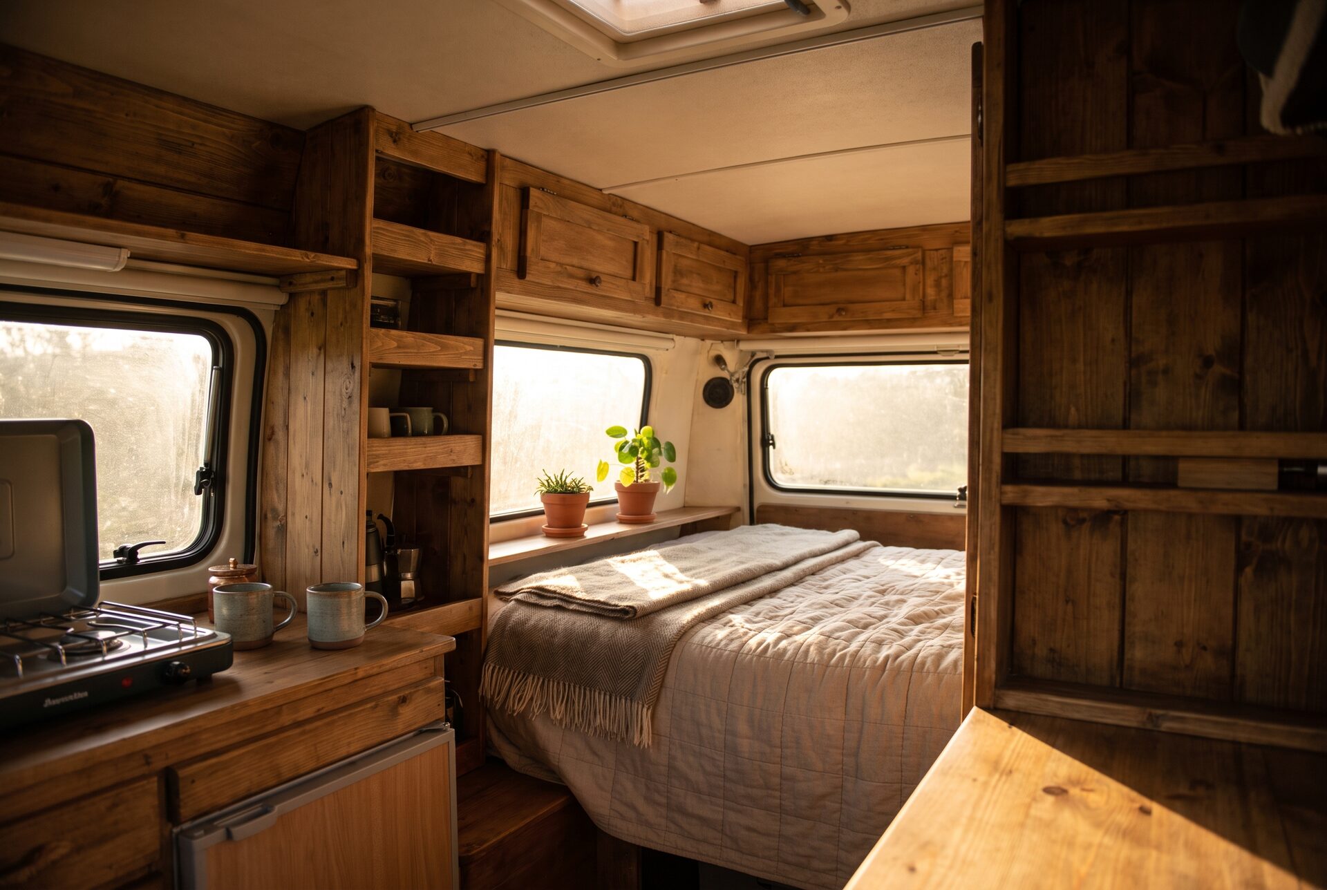 Gemütlicher Camper-Innenraum mit Holzmöbeln und Morgenlicht am Fenster