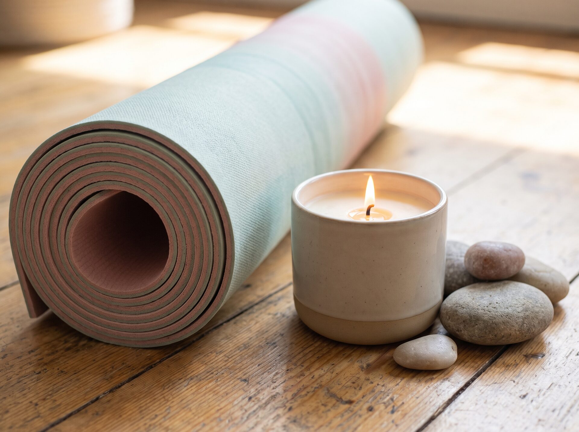 Stillleben mit Yogamatte, Kerze und Steinen auf hellem Holz