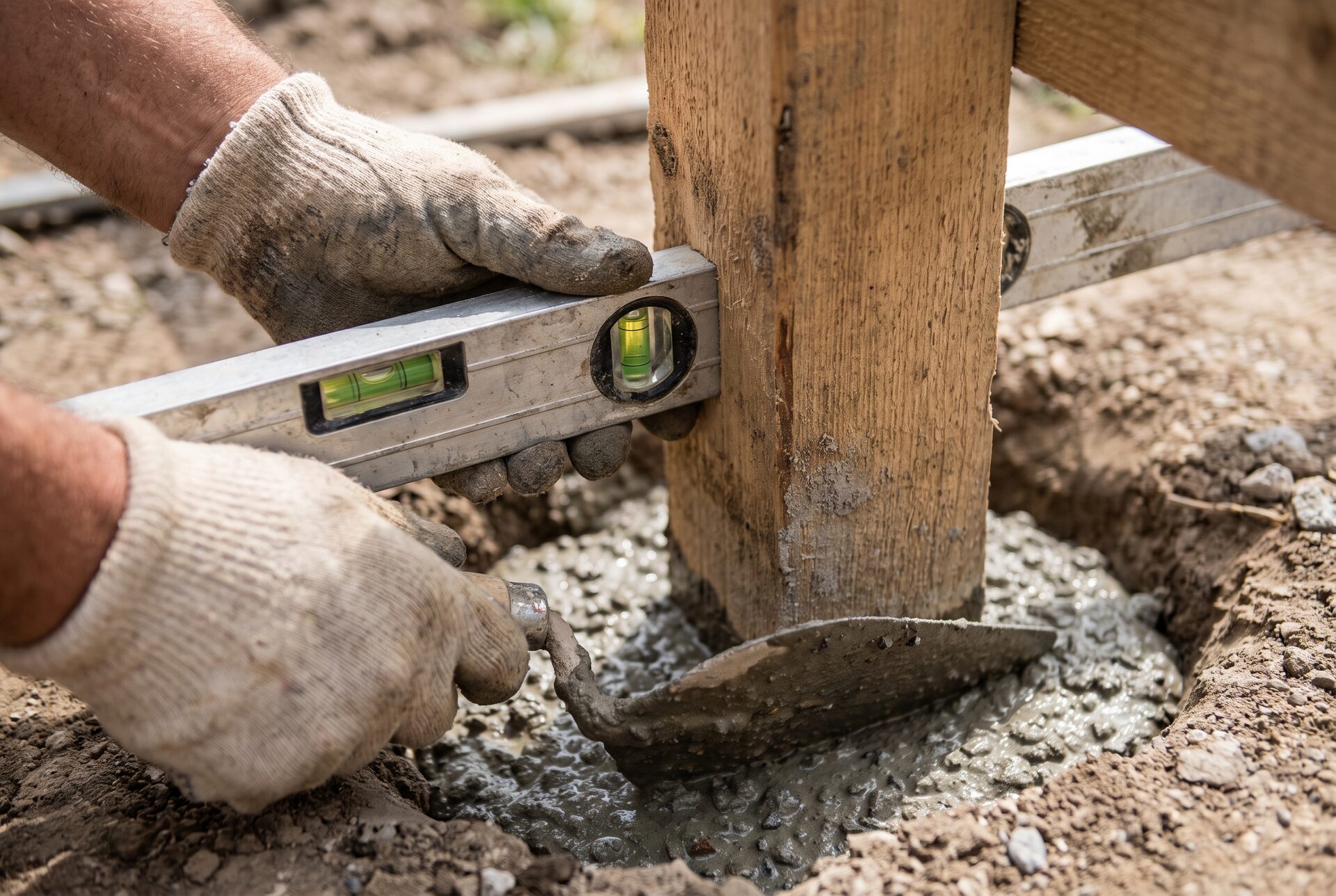 Zaunpfosten wird mit Wasserwaage und Beton exakt gesetzt